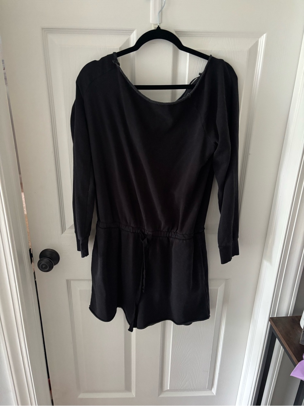 aerie off the shoulder Black Long Sleeve Drawstring Romper - Picture 2 of 3